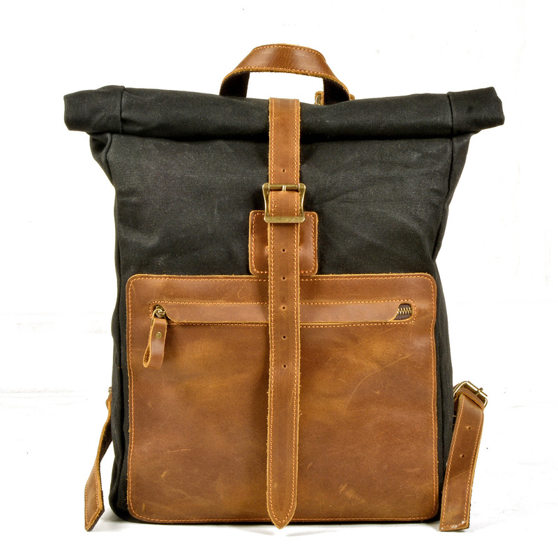 Canvas Backpack Casual - กระเป๋าเป้ผ้าแคนวาสสไตล์เรโทรเรียบง่ายรุ่นใหม่สำหรับผู้ชาย กระเป๋าลำลองดีไซน์ทรงสี่เหลี่ยมผืนผ้าพร้อมหนัง